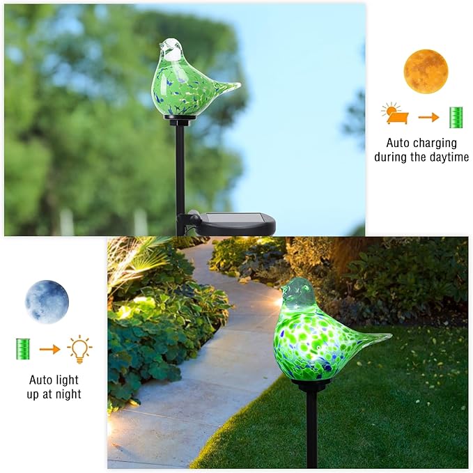 Bshine Solar Garden Decoration Outdoor Green Bird Lights, 2 Pack Hand Blown Glass Bird Waterproof Solar Light Stake Hummingbird Decorate Paths, Pathways, Lawns and Yards Art for Mom