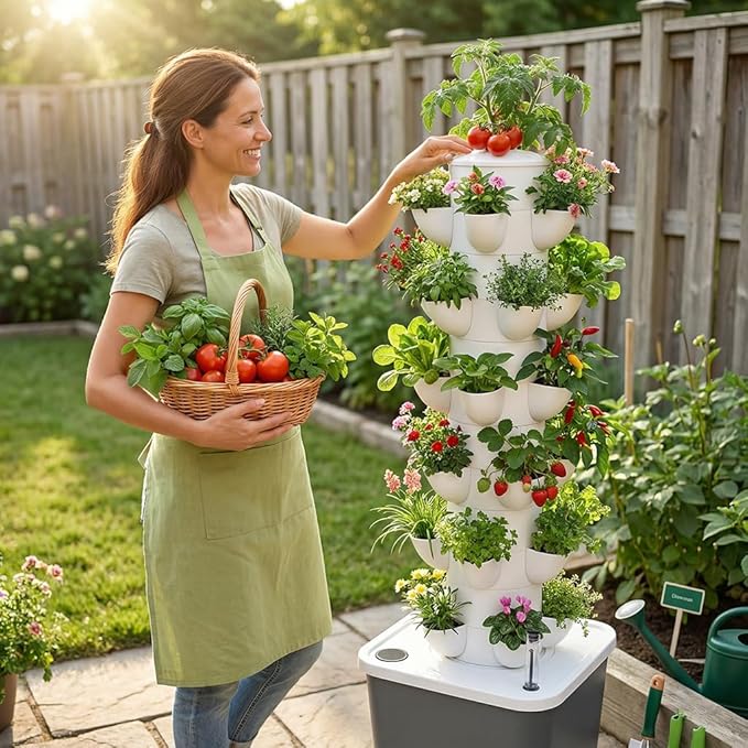 Vertical Hydroponic Tower Garden Growing System - Indoor Planter Kit with 30 Pods, Aeroponic-Style Tower for Herbs, Vegetables, Lettuce & Strawberries, Home Countertop Grow System, Gray