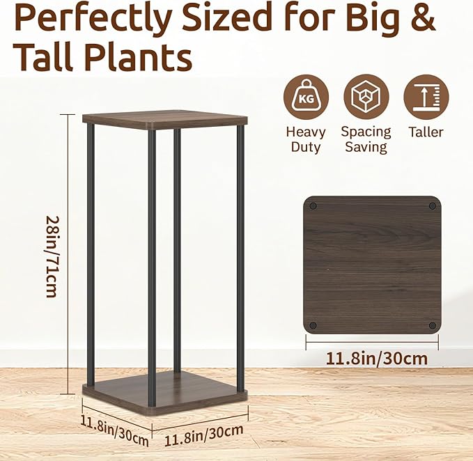 2 Tier Plant Stand Indoor, 28In Tall Corner Vertical Wood Metal Square Shelf, Modern Black Large Planter Table Heavy Duty Flower Pot Holder Rack for Narrow House Living Room Floor Orchid, Oak