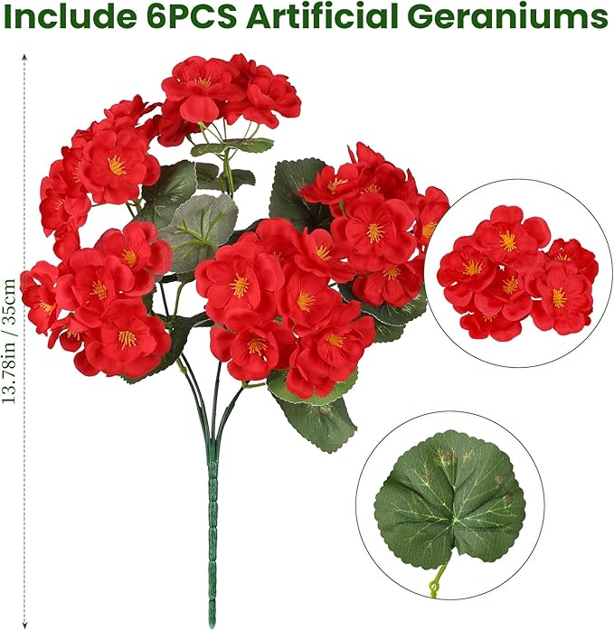 Artificial Flowers for Outdoors, 6 Bundles Realistic Silk Fake Red Geraniums, UV Resistant Faux Flowers for Planters, Hanging Baskets, Window Boxes, Porch, Patio Valentine's Day Decor