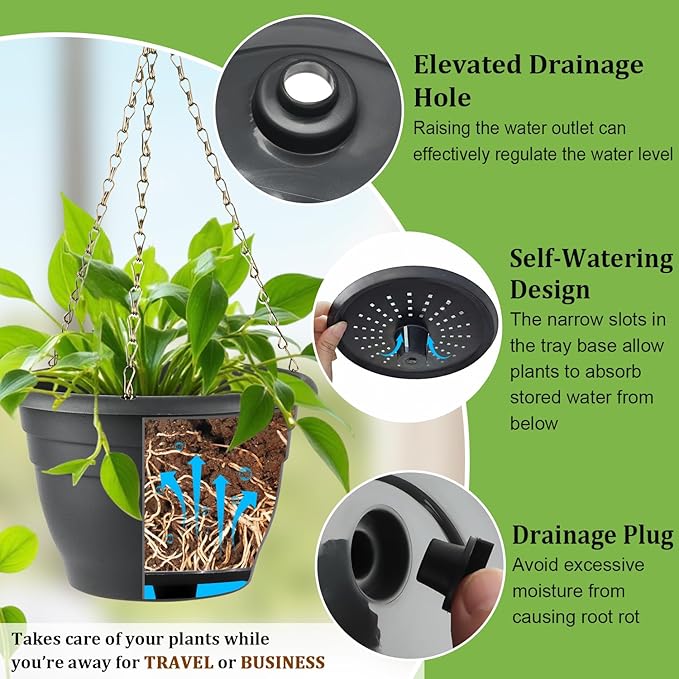 Hanging Planters 10 Inch, 4 Pcs Flower Pots with Drainage Hole, Self Watering Hanging Basket for Indoor Outdoor Plants, Decor, Gray