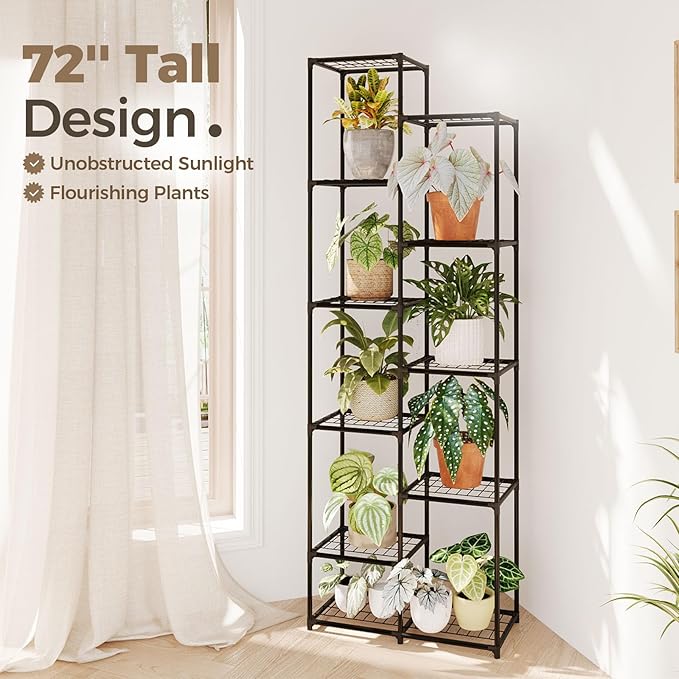 Bamworld Plant Stand Indoor Outdoor 11 Tire Tall Large Metal Plant Shelf Multi Tier Flower Stands Garden Shelves Wooden Plant Display Holder Rack for Living Room Corner