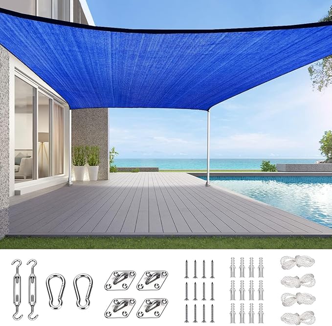 Quictent 12x16ft Rectangular Sun Shade Sail 185G HDPE Canopy 98% UV Block Outdoor Patio Garden Commercial Deck with Hardware Kit Blue