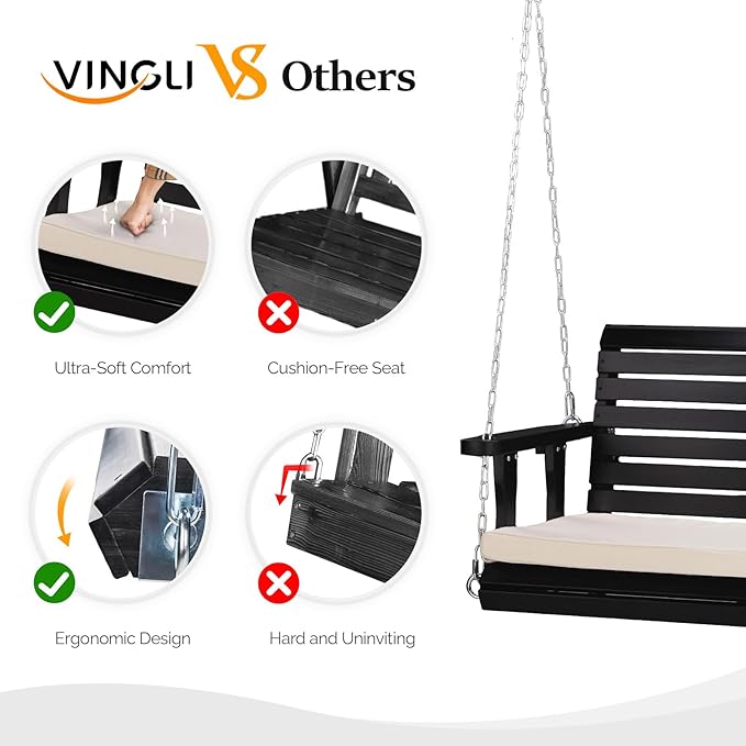 VINGLI Outdoor 4 FT Porch Swing, Heavy Duty 880 LBS Wooden Patio Swings with Cushions, Farmhouse Style Hanging Bench with Adjustable Chains for Yard | Garden | Lawn | Balcony, Black