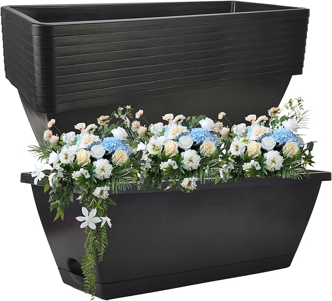 QPEY Window Box Planter, 10 Pack 17 Inch Plastic Flower Box with Tray Rectangular Planters for Outdoor Indoor Plants Garden Home Decor (Black)