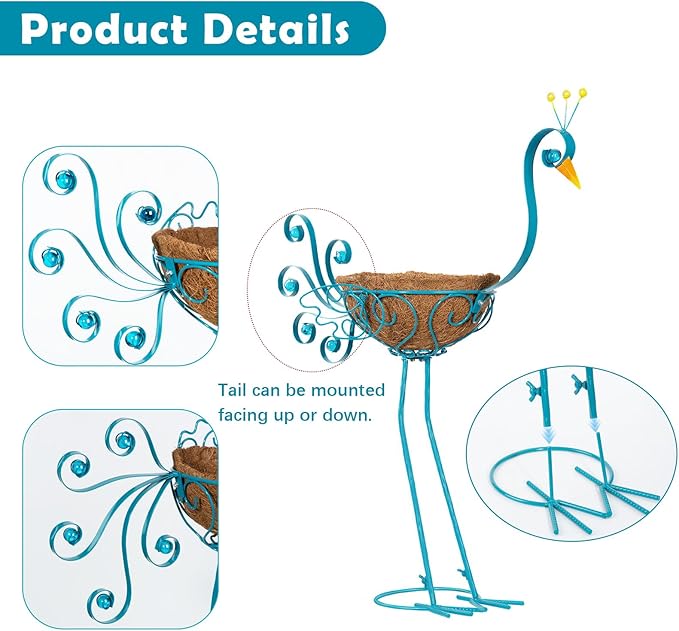 Set of 2 Blue Peacock Outdoor Planters with Basket, Metal Peacock Planter for Indoor Outdoor Garden Yard Decor
