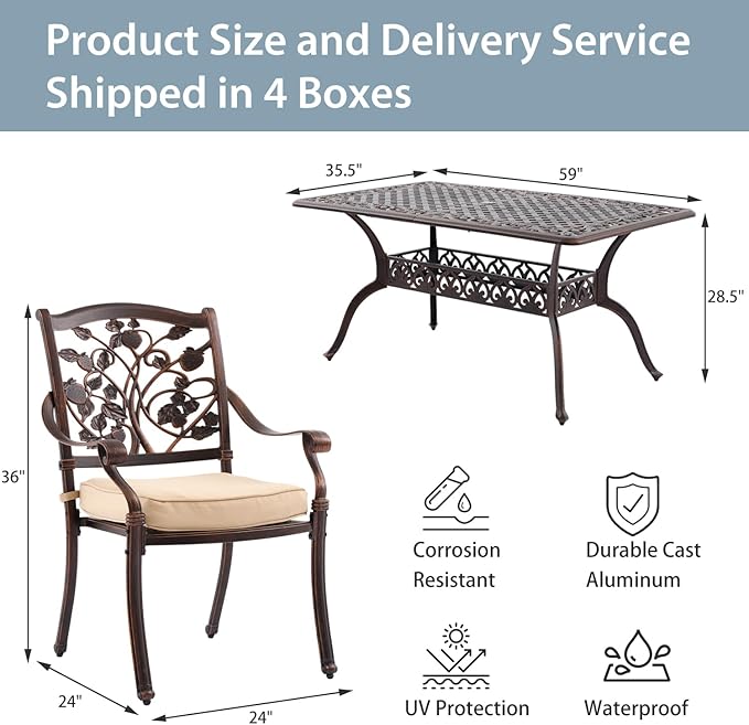 7-Piece Cast Aluminum Patio Furniture, Patio Dining Set for 6 Include 59" Rectangular Outdoor Dining Table and 6 Stackable Chairs with Cushions & Umbrella Hole (Copper Red)