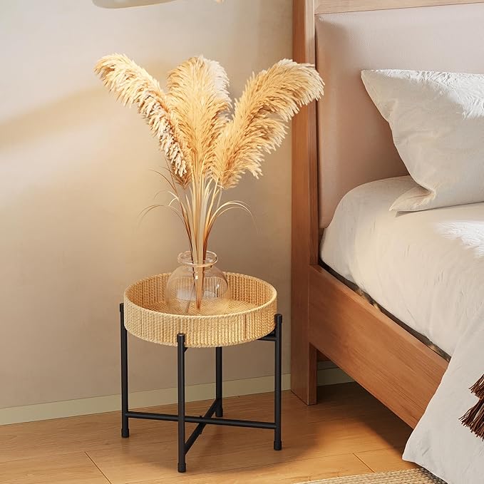 Bamworld Rattan Plant Stand Indoor Boho Plant Table for Large Plants Single Plant Stool Plant Holder for Living Room Bedroom