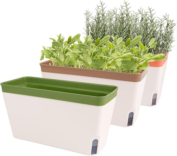 OurWarm Windowsill Herb Planter Box Indoor Set of 3, 10.5 Inch Self Watering Planter Pots with Visual Water Level Window, Modern Plastic Plant Pots for Herbs, Vegetables, Succulents Plants