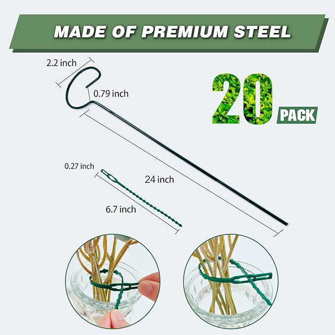 Joyhalo 20 Pack Plant Support Stakes 24 Inch, Plant Stakes, Flower Stakes with 24 Twist Ties, Garden Sticks for Plants Iris, Dahlia, Gladiolus, Amaryllis, Rose, Sunflower, Tomato, Sapling Etc