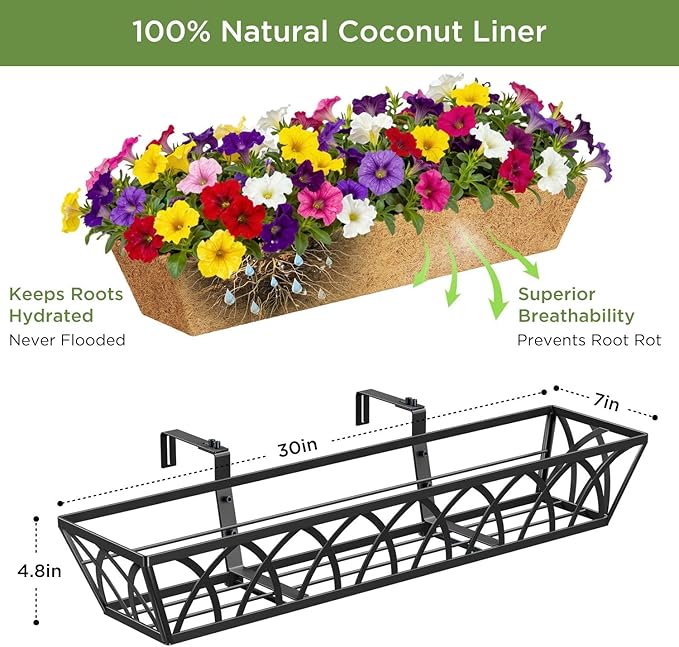HFHOME 2 Pcs 30" Window Box Deck Railing Planter with Horse Trough Coco Liners, Black Metal Hanging Flower Planters Baskets for Indoor, Outdoor, Balcony, Porch, Fence, Patio, and Lawn