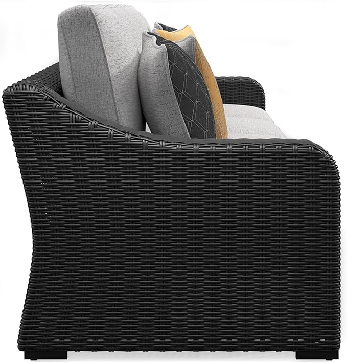 Signature Design by Ashley Beachcroft Casual Nuvella Weather Resistant Fabric 2-Piece Outdoor/Indoor Loveseat with Cushion and 4 Toss Pillows, Black & Light Gray