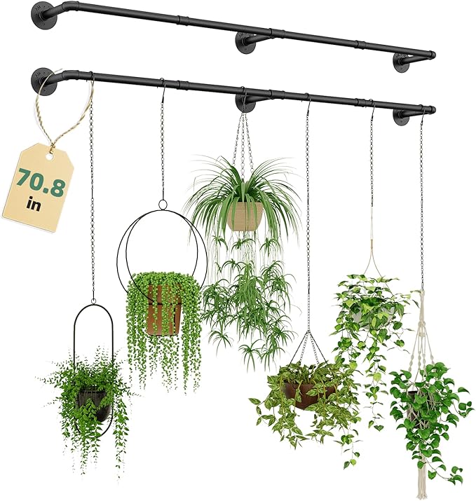 Plant Hanger Indoor Hanging Planters for Indoor Plants Hanging Plant Holder Window Plant Rod Black Metal Shelves 70.8 Inch 2PCS Pot not Included