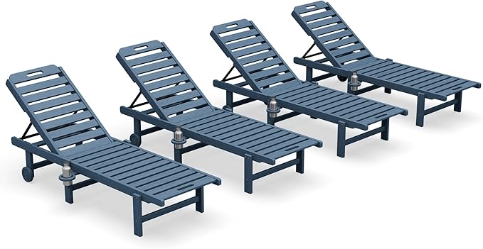 SERWALL Patio Chaise Lounge Chair Set of 4, HDPE Outdoor Lounge Chair with Cup Holder, 5 Positions Adjustable Poly Lounger with Rolling Wheels for Poolside, Deck, Sunbathing, Blue