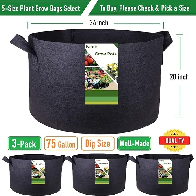 3-Pack 75 Gallon Thickened Plant Grow Bags Large (34x20 in) Heavy Duty Garden Bag Fabric Plant Pots for Tomato,Potato Planter,Herbs Veggies Planting,Flower Pots,Barrel Planter,Leaf Bag,Yard Waste Bags