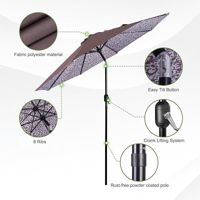 Backyard Expressions 9 ft. Patio Umbrella, Market Table Umbrella w/Tilt and Crank, 8 Ribs
