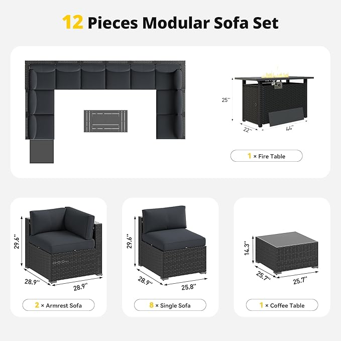 Aoxun Patio Furniture Set with Fire Pit Table, 12 Piece Outdoor Sectional Sofas, 10 Seats Wicker Rattan Outdoor Furniture with Thickened Cushion for Backyard, Garden Dark Grey