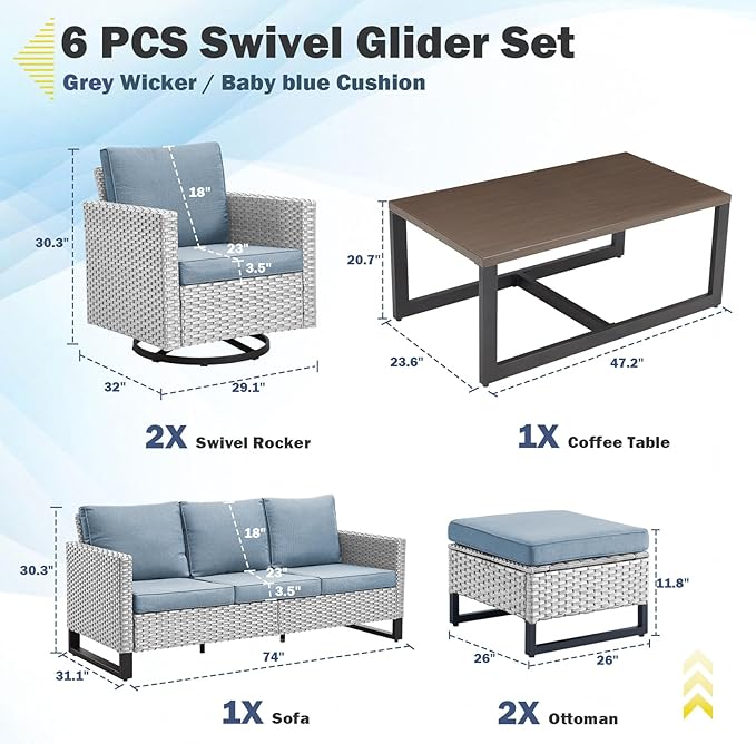 Belord 6 Piece Outdoor Furniture Patio Wicker Sofa Set, Oversize Outdoor Swivel Rocker Chairs with Rattan Ottomans, Conversation Sets Patio Furniture Come with Removable Cushion Baby Blue, Light Grey