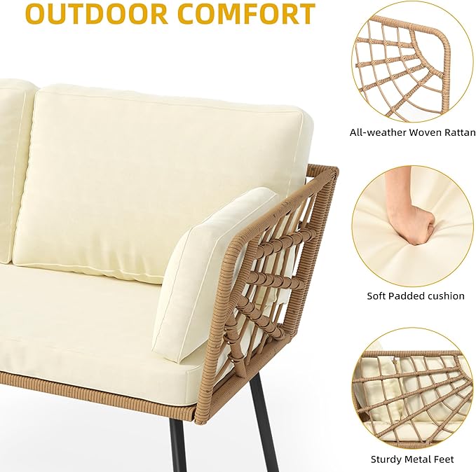DWVO 2-Piece Patio Set, Wicker Loveseat with Plush Cushions & Rattan Side Table, All-Weather Outdoor Conversation Furniture for Balcony, Deck, Backyard, Poolside