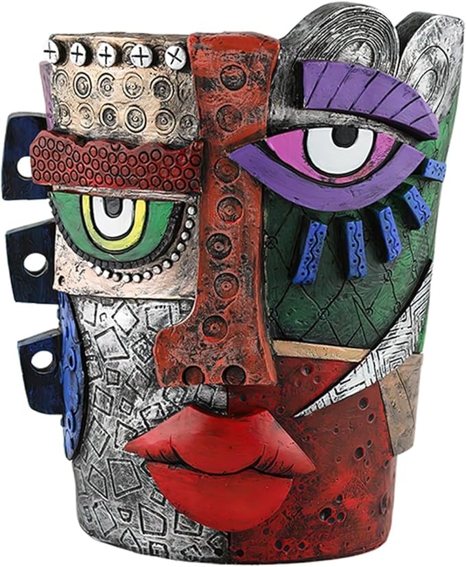 TOZLU Picasso Brutalist Beauty Face Flower Pot - Head Planter with Colorful Face Art - Resin & Flower (Stare Flower Pot)