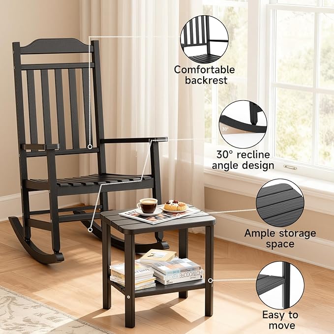5 Piece Outdoor Rocking Bistro Set, Rocking Chairs Outdoor Furniture, Resin Waterproof Sun-Proof Patio Furniture Set for Garden, Pool, Backyard（5, Black）