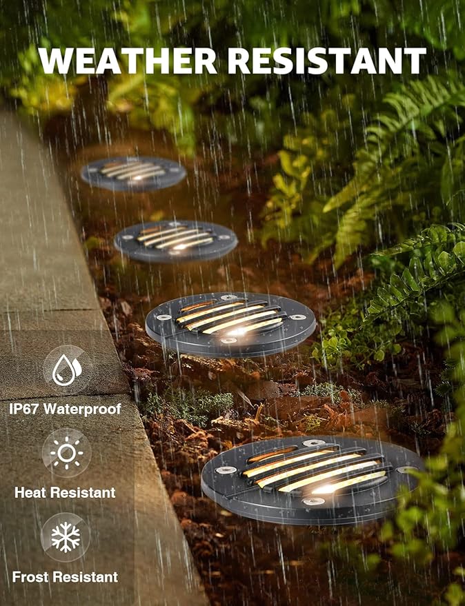 SUNVIE 12W Low Voltage Landscape Lighting Anti-Glare LED Well Lights(Grated Top) 12V-24V Waterproof Outdoor In-Ground Lights 3000K Landscape Lighting for Garden Yard Pathway 6 Pack with Connectors