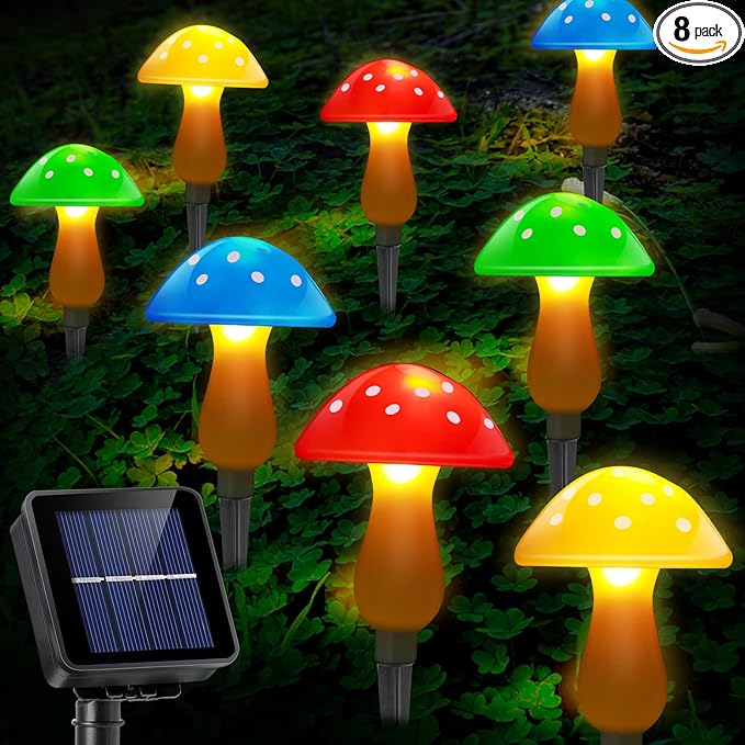 Solar Garden Decor Lights, Solar Powered Mushroom Outdoor Waterproof Long Lasting Mushrooms Stake Lightings with 8 Lights and 8 Modes for Yard Lawn Flowerbed Pathway Decoration (8 in 1)
