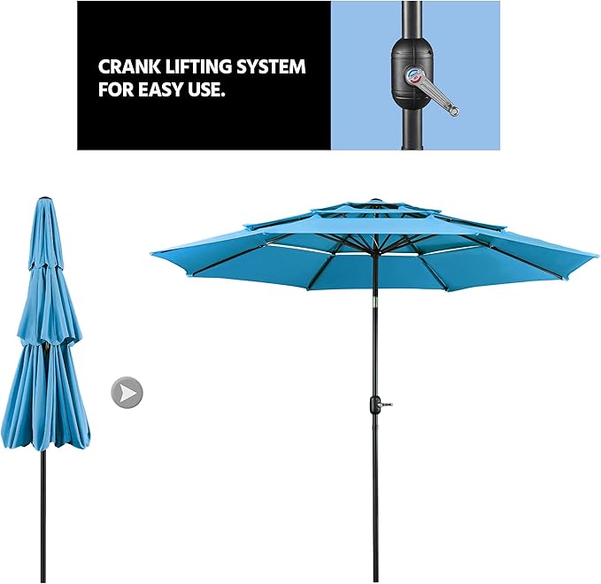 Yaheetech 3-Tier Patio Parasol 10ft Vented Outdoor Canopy Sun Shade Large Market Table Umbrella Double-layer Cloth & Push-button Tilting for Yard/Garden/Park Sky Blue