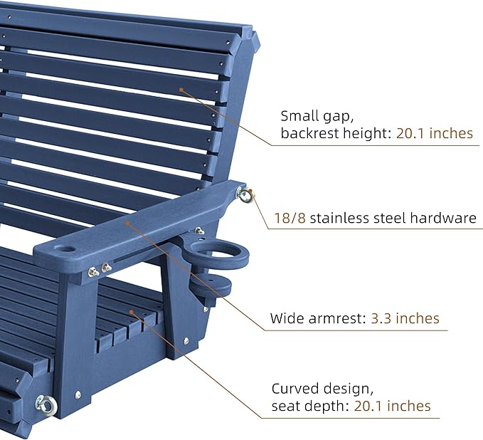HDPE Porch Swing with 18/8 Stainless Steel Bolts, Ergonomic Design, Ultra Weather-Resistant, Heavy Duty 1200 LBS, for Outdoor Patio Garden Yard (Navy Blue)