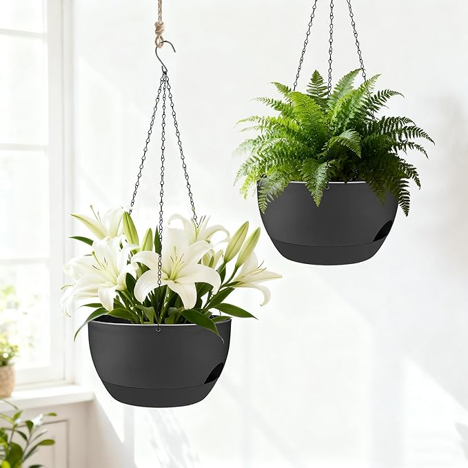 Set of 2-8 Inch Self Watering Hanging Planters for Indoor Outdoor，Hanging Plant Pots with Drainage & Removable Tray, Hanging Pots Holder for Ivy, Pothos, Ferns, Balcony & Patio, Black
