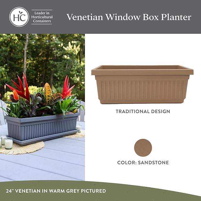 The HC Companies Venetian Window Planter Box w/Drain Plug - Long Planter Box for Windowsills, Balconies & More - Plastic Rectangular Outdoor Planters for Herbs & Flowers (18" Sandstone, Pack of 1)