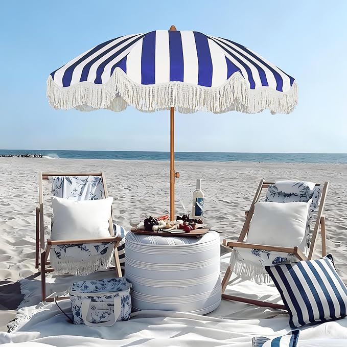 AMMSUN Boho Fringe Umbrella Outdoor Patio, 6.5ft UPF50+ Picnic Umbrella with Tassels with Steel Pole and Push Button Tilt, Navy Stripe