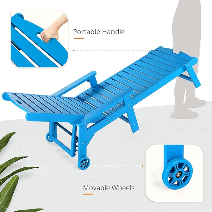 LUE BONA Chaise Lounge Chair with Table, 3-Piece, HDPS Chaise Lounger, 5 Positions Adjustable Lounge Chairs, Pool Lounge Chair with Wheels for Poolside, Backyard, Blue
