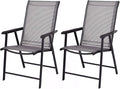 Giantex Set of 2 Patio Folding Chairs, Outdoor Chairs with Armrest, Portable Dining Chairs for Porch Camping Pool Beach Deck Lawn Garden, 2-Pack Patio Sling Chairs, Metal Frame, Grey