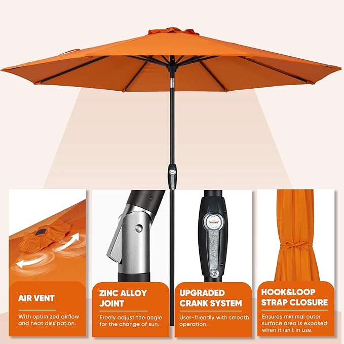 Tempera Patio Market Outdoor Table Umbrella with Auto Tilt and Crank, Large Sun Umbrella with Sturdy Pole & Fade Resistant Canopy, Easy to Set