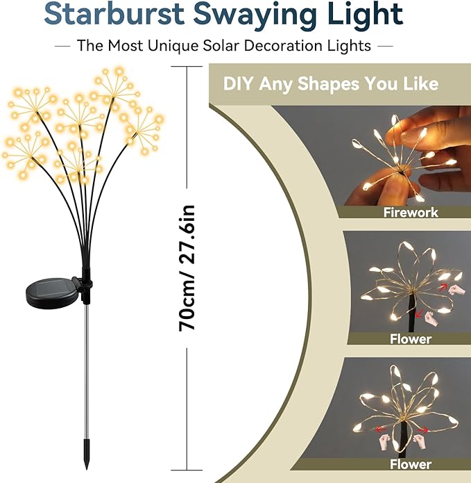 Solar Garden Lights 2 Pack Waterproof Swaying Starburst Light Solar Outdoor Lights for Yard Patio Walkway Pathway Party Wedding Decoration, Unique Gifts for Women, Warm White