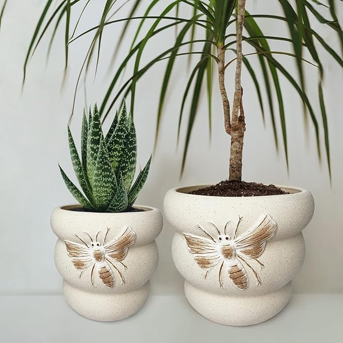 Terracotta Pots with Drainage Holes Bee Decor, Ceramic Pots for Indoor Plants Flower Pots Outdoor, Succulent, Herbs, Snake Plants (Beige, 8+6 Inch)