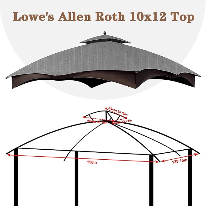 SCOCANOPY Replacement Top for The Lowe's Gazebo Model #GF-12S004B-1 / GF-12S004BTO (Grey Ripstop)