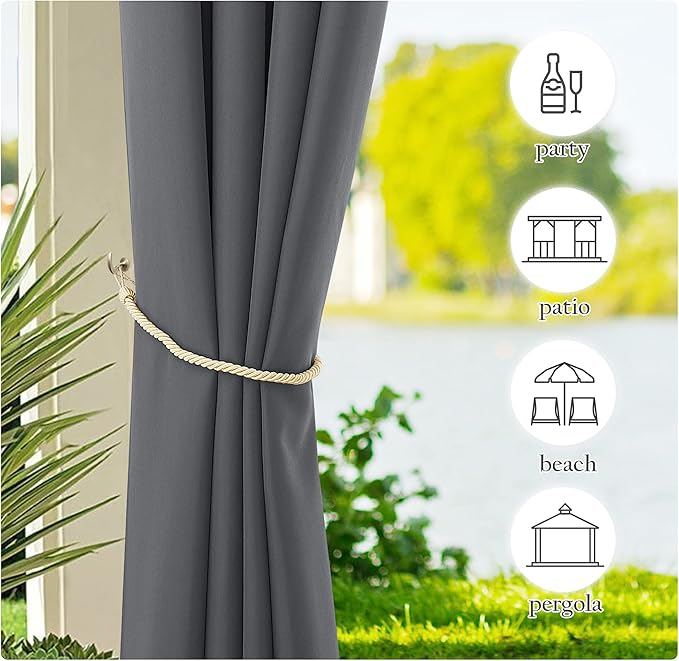 NICETOWN Patio Curtains Outdoor Waterproof 2 Panels, Stainless Steel Ring Top Outdoor Indoor Window Drapes Keep Rain Out for Gazebo/Playground/Porch, W55 x L95 Inch, Grey