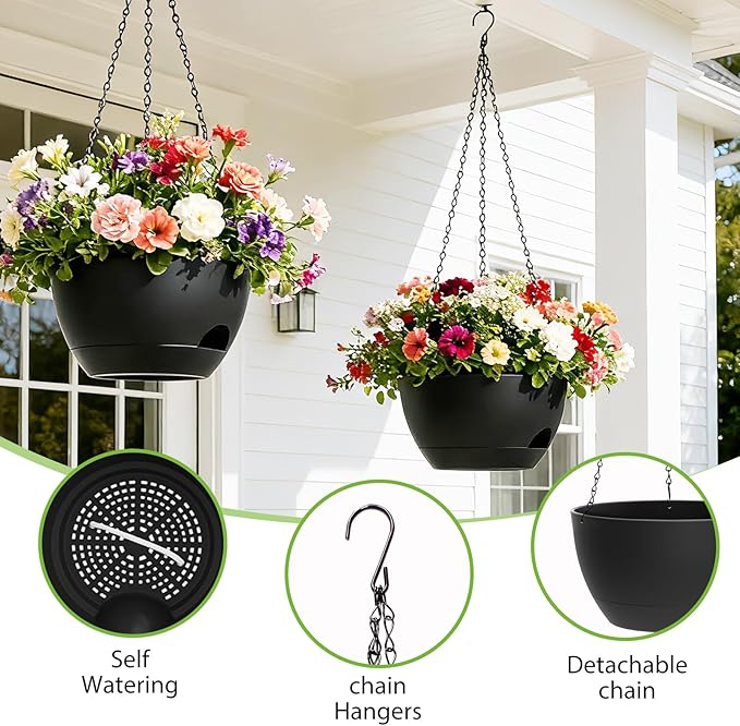 8 Inch Hanging Planters for Indoor Outdoor Plants, 4 Pack Black Plastic Self Watering Hanging Baskets with Drainage Holes and Chain for Garden Porch