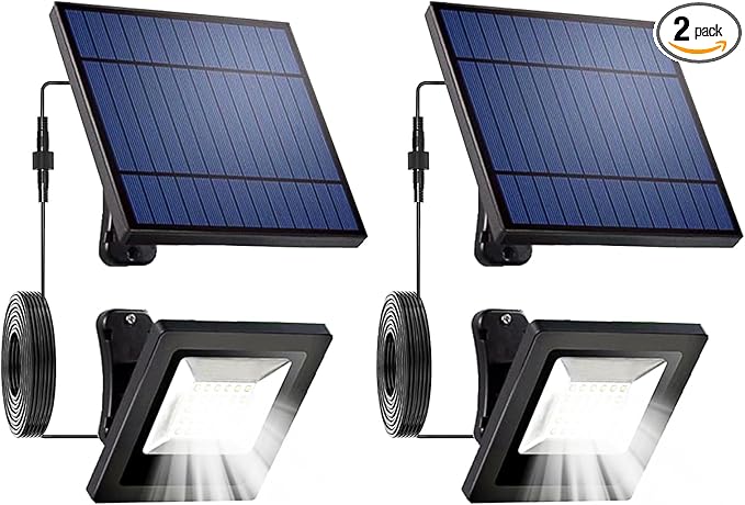 Solar Lights Outdoor Waterproof with 16FT Cord Dusk to Dawn 4400mAh LED Flood Light 6000K Security Lighting for Outside, Flag Pole, Porch, Shed (White 2 Pack)