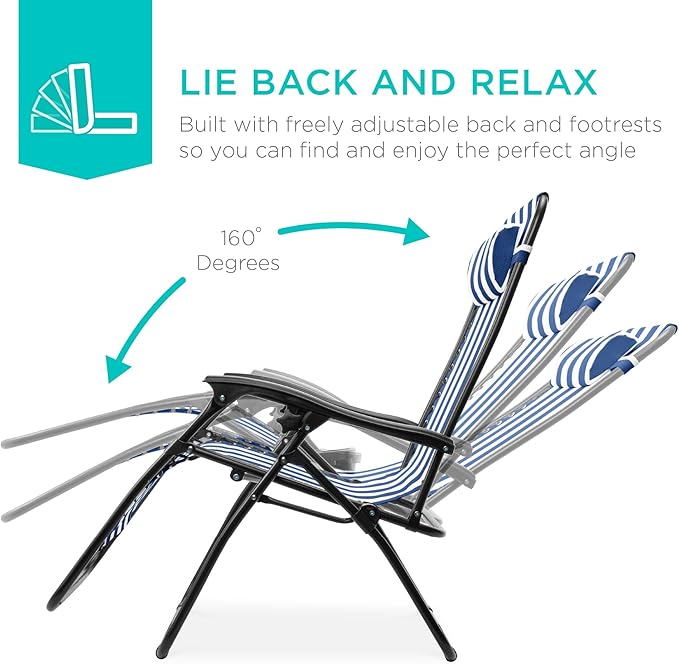 Best Choice Products Set of 2 Adjustable Steel Mesh Zero Gravity Lounge Chair Recliners w/Pillows and Cup Holder Trays - Mediterranean Blue Striped