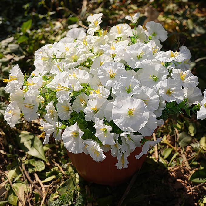 Artificial Flowers for Outdoors, UV Resistant Fake Silk Morning Glory, Realistic Faux Plants for Outside Porch Patio Window Box Hanging Planter (16, White)