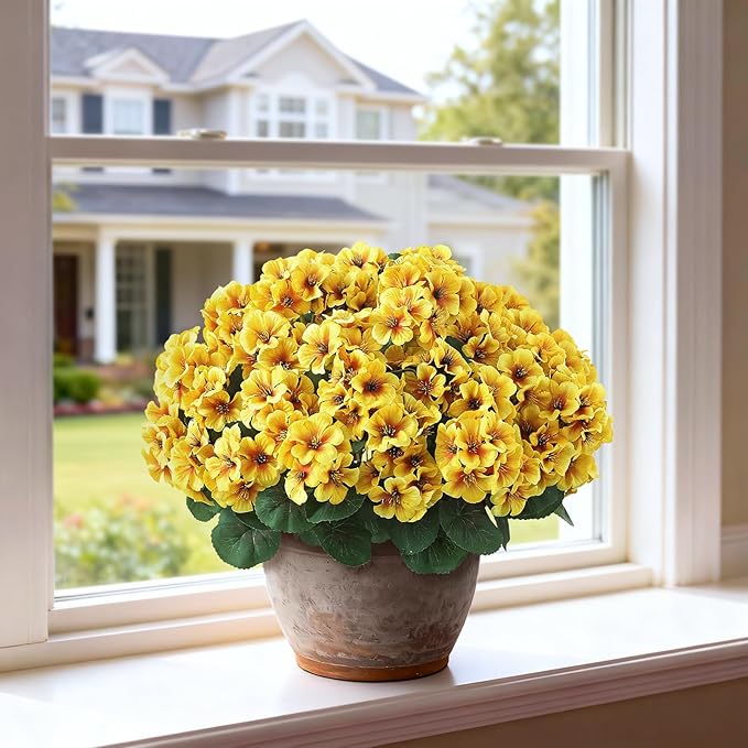 2 Pack Artificial Geranium Flowers Topitary Trees for Outdoors, UV Resistant Geraniums Potted Bushes Look Real Silk Faux Plants for Front Door Garden Porch Planter Farmhouse Home Decor (Yellow)