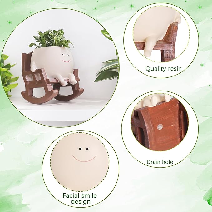 Smiley Face Rocking Chair Planters Flower Pots for Plants Funny Succulents Plant Live Cute Resin Head Planter for Indoor Outdoor Plants Gift Ideas for Mother and Christmas (Large)