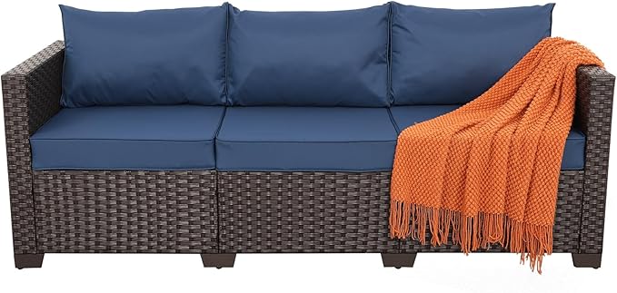 Rattaner 3-Seat Patio Wicker Sofa, Outdoor Rattan Couch Furniture Steel Frame with Furniture Cover and Deep Seat High Back, Blue Anti-Slip Cushion.