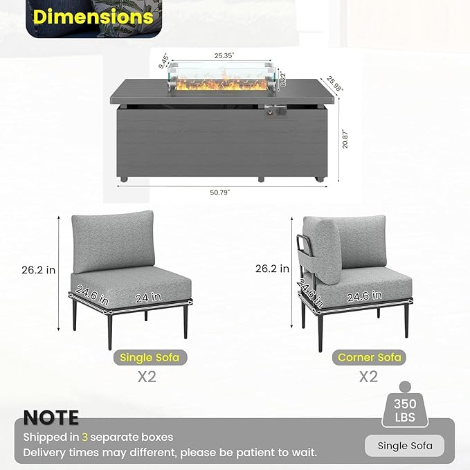 Sundale Outdoor 5 Pieces Patio Furniture Set with Fire Pit Table, Metal Outdoor Sectional Sofa with 6" Olefin Cushion, Modern Outdoor Conversation Sets for Backyard, Poolside, Sunroom