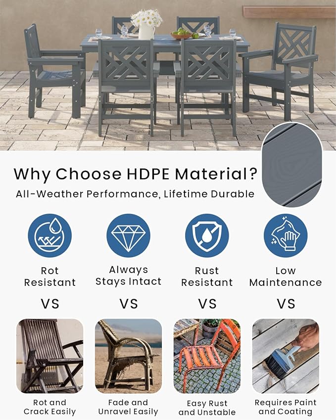 7-Piece Outdoor Dining Set, HDPE All-Weather Patio Table and Chairs Set for 6, Outdoor Patio Furniture Sets with Umbrella Hole for Outside, Deck, Backyard, Garden (Grey)
