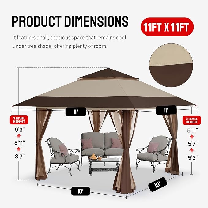 CROWN SHADES 11x11 Pop Up Gazebo, Patented One Push Outoor Canopy Tent with Wheeled STO-N-Go Cover Bag, Pop Up Canopy with Netting for Patio, Backyard (11x11, Beige & Coffee)