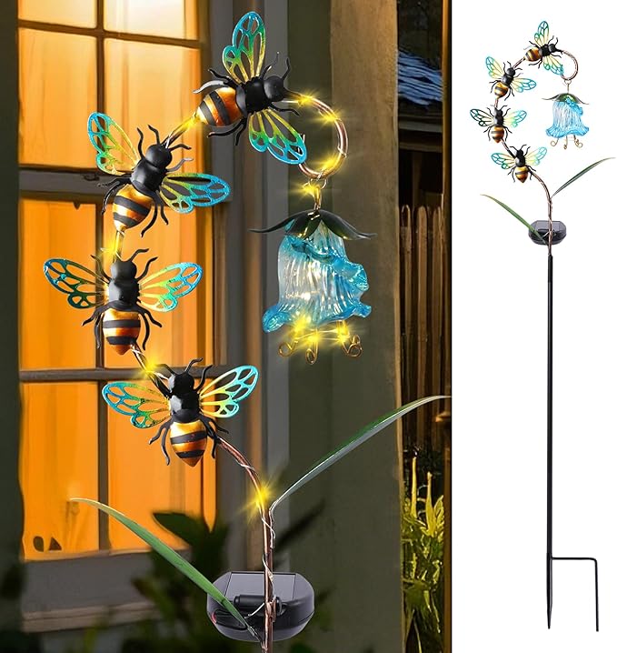 Afirst Decorative Solar Lights Outdoor Solar Bee Stake Light with Glass Flower Metal Decorative Garden Lights Outdoor Waterproof Stakes for Pathway Yard Lawn Decoration Mothers Day Mom Gifts